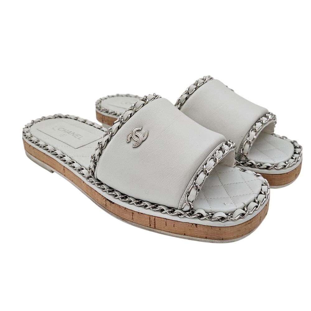 Chanel White Leather CC Chain Slides Cork Platform US 8 / EU 38
